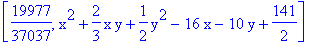 [19977/37037, x^2+2/3*x*y+1/2*y^2-16*x-10*y+141/2]